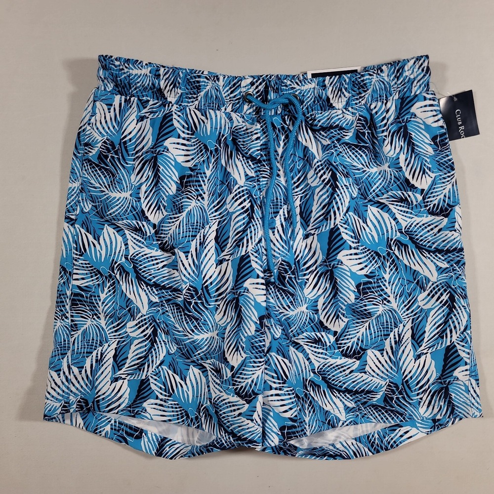 Club Room Tropical Swim Shorts Mens Small‎ Navy Blue CBO Leaf 7" NEW - Picture 2 of 3